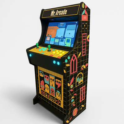 arcade machine kleurrijke retro-stijl arcade kast, verlicht bedieningspaneel en een scherm met een klassiek spelmenu.