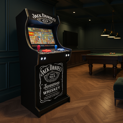 arcade machine zwart metlogo arcade kast, verlicht bedieningspaneel en een scherm met een klassiek spelmenu.