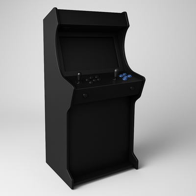 arcade machine, zwart arcade kast, verlicht bedieningspaneel en een scherm met een klassiek spelmenu.