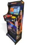 arcade machine multicolor met logo arcade kast, verlicht bedieningspaneel en een scherm met een klassiek spelmenu.