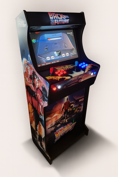 arcade machine multicolor met logo arcade kast, verlicht bedieningspaneel en een scherm met een klassiek spelmenu.