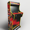 arcade machine multicolor met logo arcade kast, verlicht bedieningspaneel en een scherm met een klassiek spelmenu.