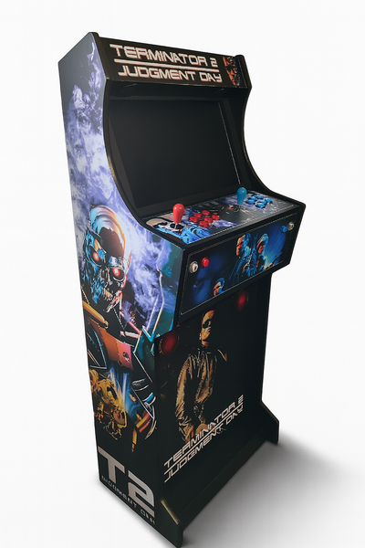 arcade machine multicolor met logo arcade kast, verlicht bedieningspaneel en een scherm met een klassiek spelmenu.