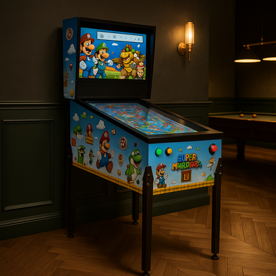 moderne flipperkast met een glazen speelveld en een digitaal scherm in de bovenkast.