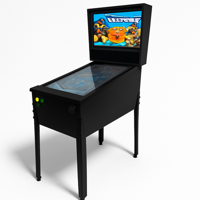 zwarte, moderne flipperkast met een glazen speelveld en een digitaal scherm in de bovenkast. De kast staat op een witte achtergrond met een zachte, realistische schaduw en heeft een minimalistische, stijlvolle uitstraling met enkele gekleurde knoppen aan de voorkant.