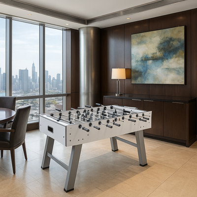 FAS Charme witte voetbaltafel met roestvrijstalen accenten op een lichte tegelvloer. in een moderne executive lounge met panoramisch uitzicht over de skyline, ingericht met donker eiken meubilair, een abstract schilderij aan de muur, met roestvrijstalen accenten.