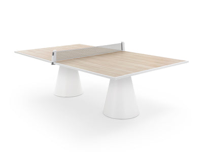 Luxe tafeltennistafel met licht eiken blad en witte kegelpoot