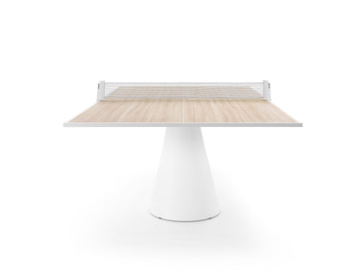 Voorzijde luxe FAS DADA tafeltennistafel met licht eiken blad en witte kegelpoot