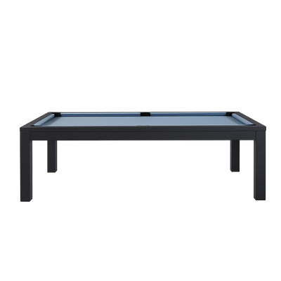 Moderne pooltafel met blauwe speelvlak, zwarte poten, zijkant
