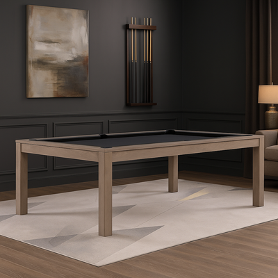 Lexor Dinner Design pooltafel in cementkleurig hout met strak zwart speelveld, geplaatst in een luxe modern ingerichte woonkamer