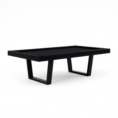 Zwarte moderne pooltafel met metalen poten en zwart speelvlak