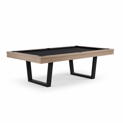 Moderne pooltafel met zwart speelvlak en licht houten frame.