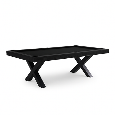 Zwarte moderne pooltafel met X-vormige poten en zwart speelvlak