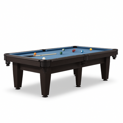 stijlvolle zwart eik houten pooltafel met blauw laken, 