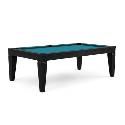 Zwarte pooltafel met turquoise speelvlak en elegante poten