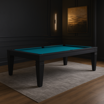 Zwarte pooltafel met turquoise speelvlak en elegante poten, geplaatst in een luxe mancave met donkere muren, houten vloer, vloerkleed,