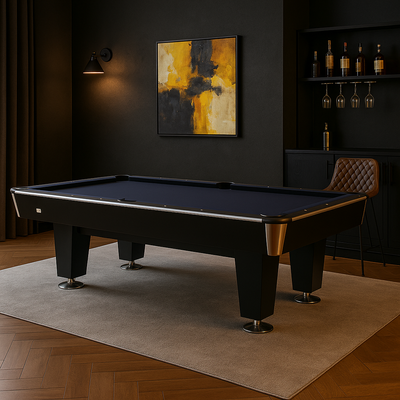 Luxe Lexor X-treme II Pro-Series pooltafel in moderne mancave met donkere wanden, kunstverlichting en ingebouwde minibar – hoogwaardig design met zwarte afwerking en RVS hoeken, perfect voor stijlvolle woonkamers of entertainmentruimtes.