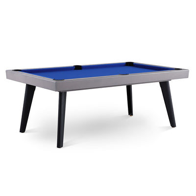 Moderne outdoor pooltafel met blauw speelvlak en zwarte schuine poten