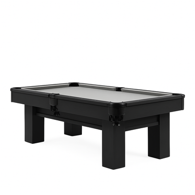 Zwarte pooltafel met grijs speelveld en klassieke leren pockets